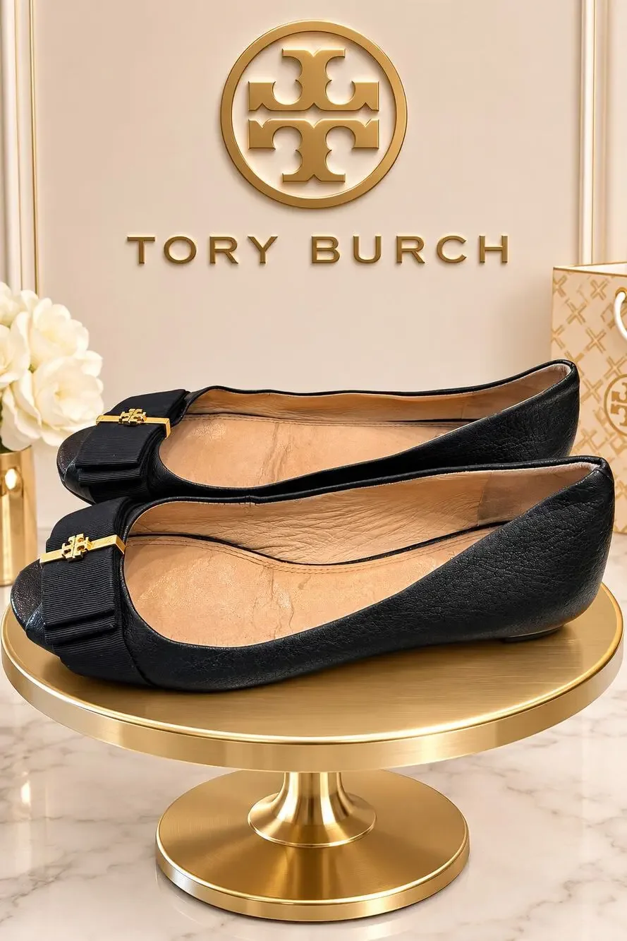 Tory Burch Eddie Ballet Flats Black Leather Bow Women’s 6